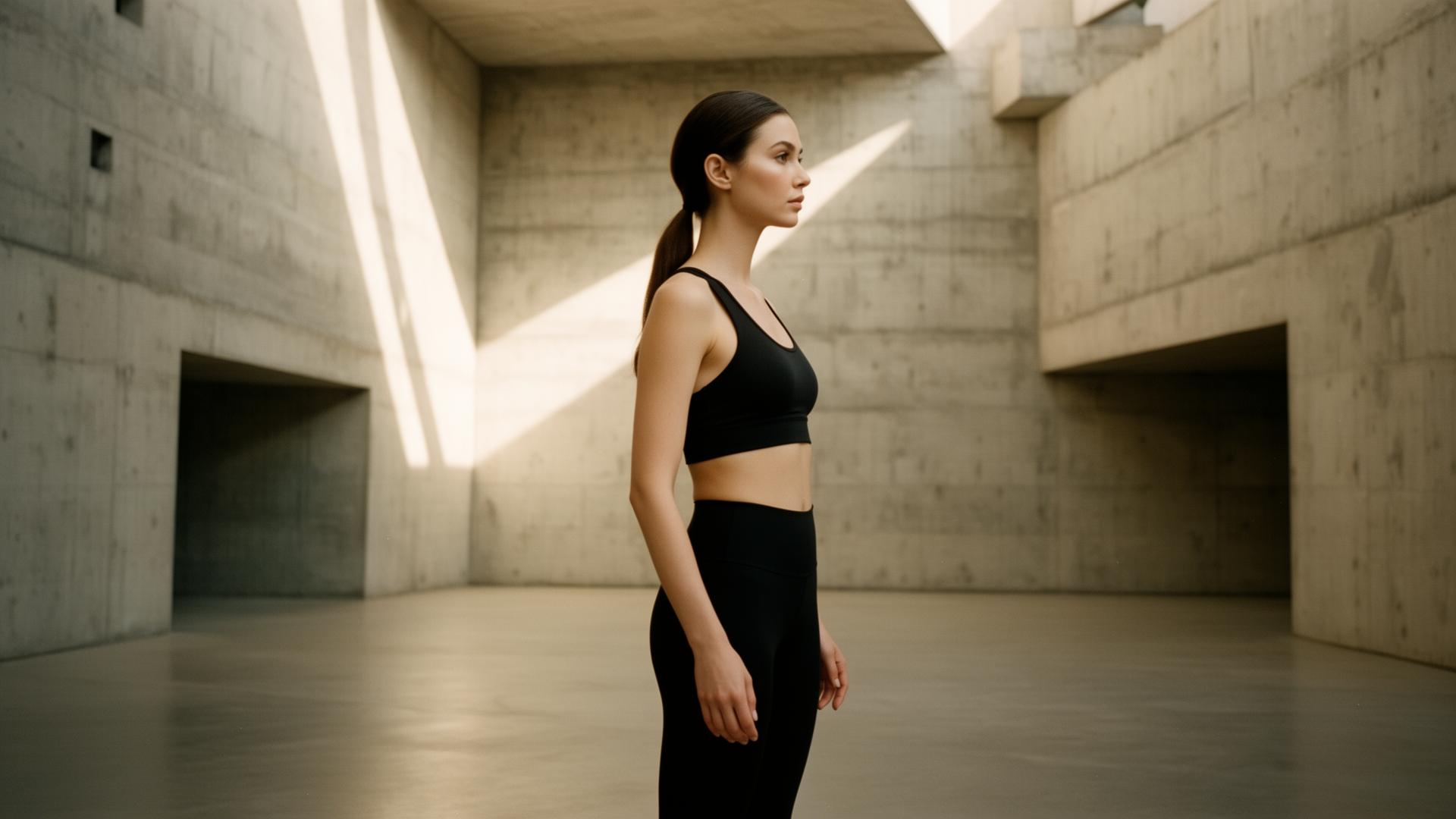 Model wearing AURE apparel in a brutalist concrete space